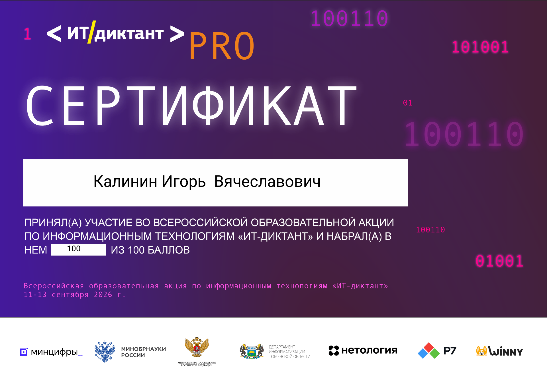 IT Dictation PRO certificate with a score of 100 out of 100